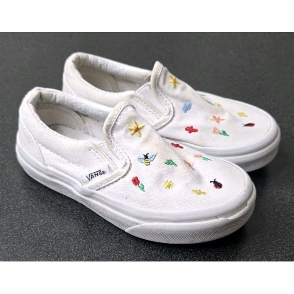 Vans Low "Springtime" White Embroidered Flowers Slip On Sneakers Kids 10.5 Girls